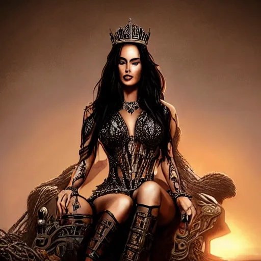 Image similar to a queen is sitting on her throne dressed in chains, looks like megan fox, beautiful highly detailed face, complementary lighting, backlit, black eyeshadow, grinning, adventure, dramatic lighting, landscape background, beautiful painting by artgerm and greg rutkowski and raymond swanland