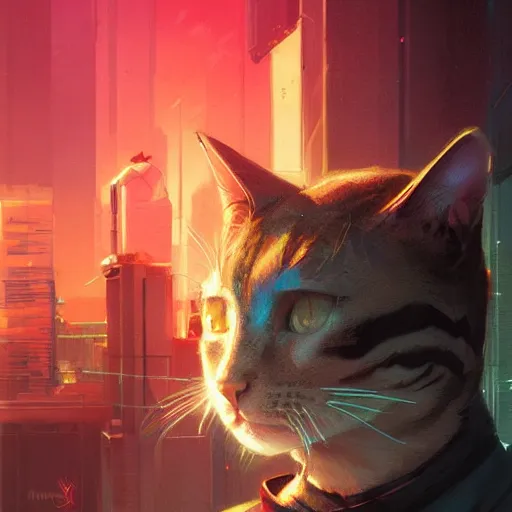 Image similar to detailed portrait of a cat, synthwave, retrowave, cyberpunk, illustration by Jordan Grimmer and Greg Rutkowski, trending on Artstation