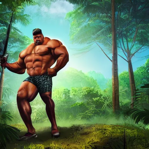 Image similar to a man with a big muscle holding a weapon in the middle of a jungle it's a sunny day and in the background there is a camp surrounded by a couple of trees digital concept art