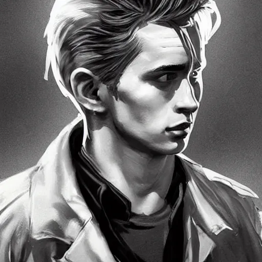 Image similar to a highly detailed epic cinematic concept art CG render digital painting artwork costume design: young James Dean as a formal socialist dystopian student in a school uniform. By Greg Rutkowski, Ilya Kuvshinov, WLOP, Stanley Artgerm Lau, Ruan Jia and Fenghua Zhong, trending on ArtStation, made in Maya, Blender and Photoshop, octane render, excellent composition, cinematic atmosphere, dynamic dramatic cinematic lighting, aesthetic, very inspirational, arthouse