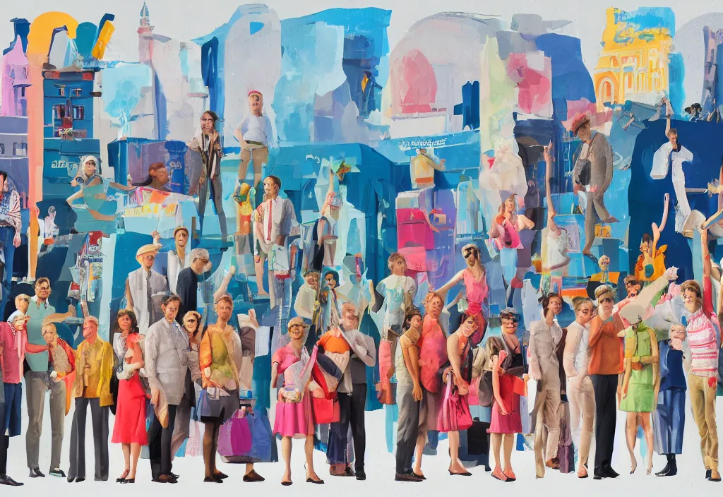 Image similar to full body portrait of a group, a row of a several european tourists getting off a tour bus, standing with a variety of poses and props, several character designs painting, sightseeing, in the style of wes anderson, lola dupre, david hockney, isolated on negative white space background dark monochrome neon spraypaint accents volumetric octane render