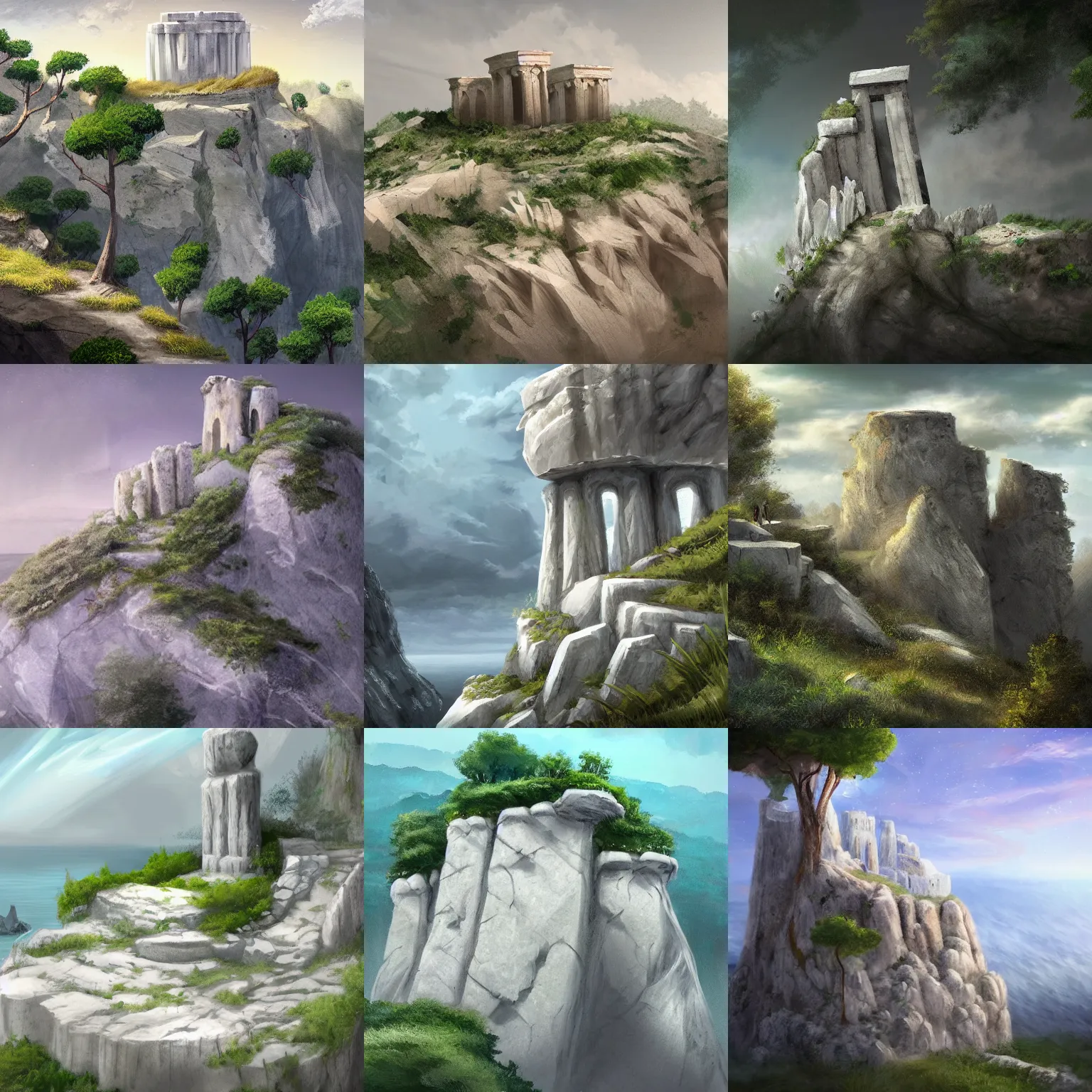 Prompt: concept art of a small cliff, made of white marble in a mediterranean forest with a stone henge at the top of it seen from far away, art station front page, digital art, beautiful day