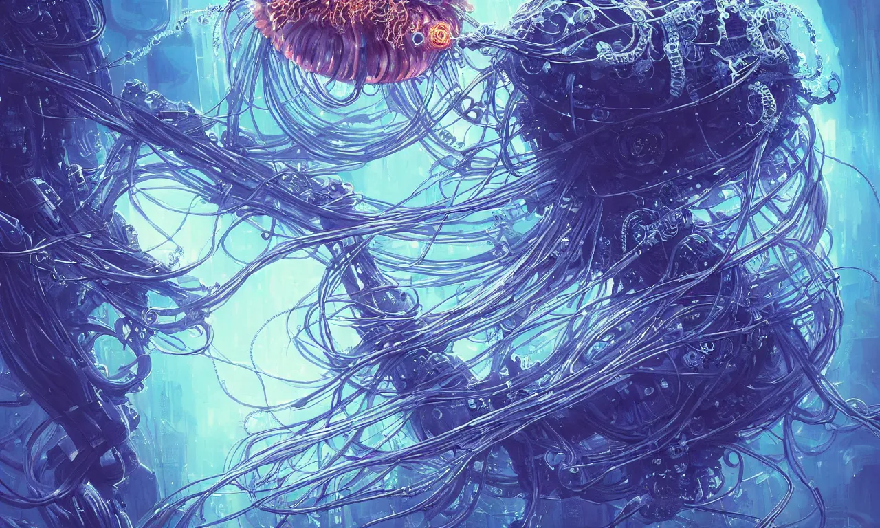 Image similar to a hyper detailed painting of a cyberpunk jellyfish, cables everywhere, blue tones, underwater, highly detailed, digital painting, artstation, concept art, smooth, sharp focus, illustration, art by artgerm and greg rutkowski and alphonse mucha