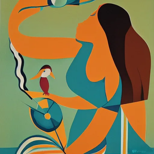 Image similar to Land art. a woman is shown from behind, her body slightly blurred as if in motion. Her long hair cascades down her back, and she is holding a small bird in her hand. alegria 'corporate memphis', foil art by Debbie Criswell, by Richard Hamilton bold, minimalist