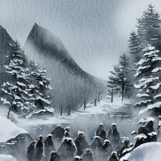 Image similar to scenic mountain setting, snow monkeys gather at the natural spa, highly detailed, snow flurry, cold, steamy, desaturated, inquisitive, striking, contemplative, watercolor, dry brush