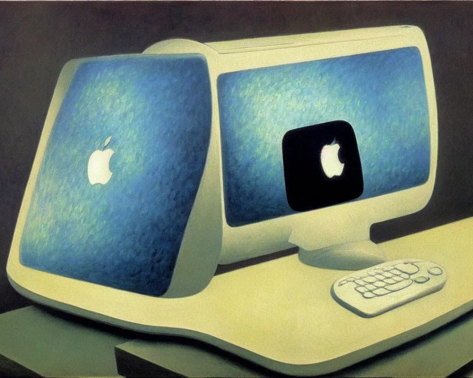 Prompt: achingly very beautiful painting of a imac g 3 by rene magritte, monet, and turner. whimsical.