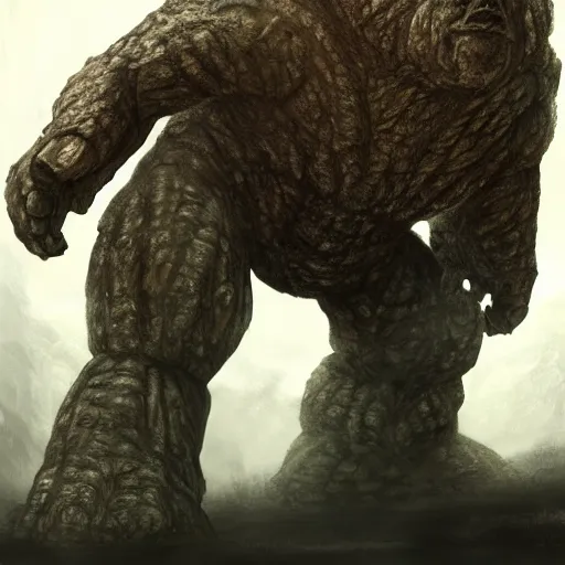 Prompt: giant rock monster, medieval, fiend, toned, realistic shading, fantasy, highly detailed, hd, concept art, focus, textures, shredded