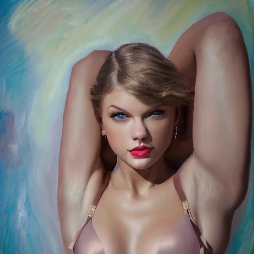 Prompt: a beautiful impasto oil painting of skin colored lingerie, beautiful, perfect female body, very beautiful face of taylor swift, symmetrical, tention, flower, 5 0 mm photography, venus, akt photography