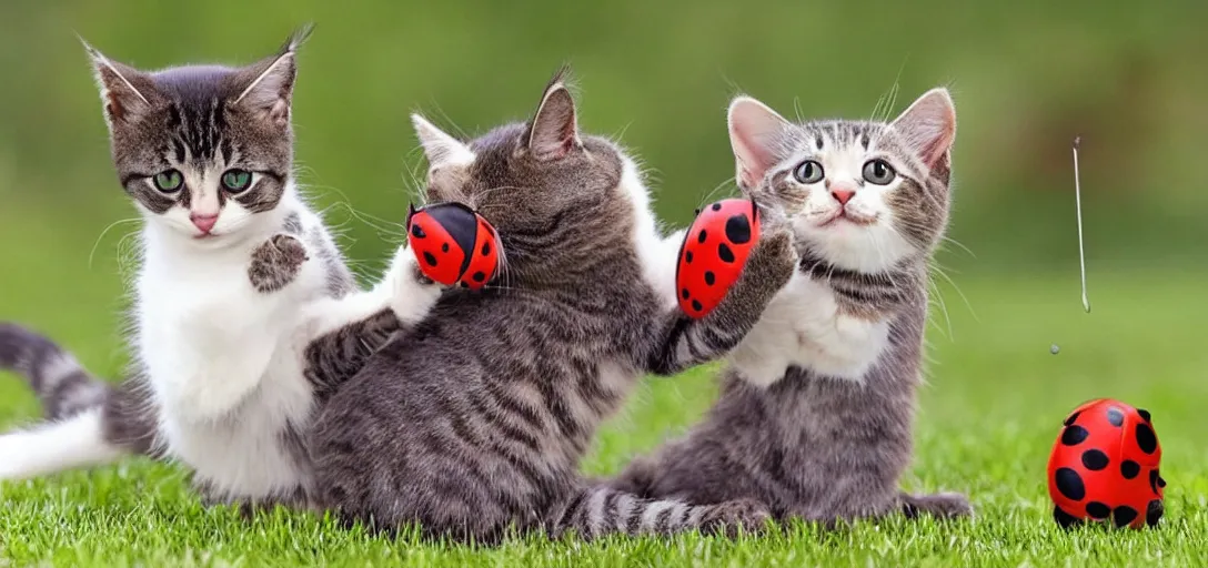 Image similar to cute cats play fighting with a ladybug