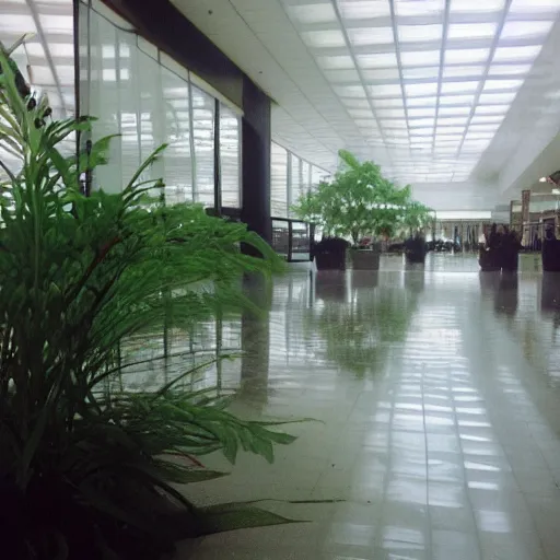 Prompt: Beautiful cameraphone 2000s, soft liminal Photograph of foggy mall with water on the floor plants growing