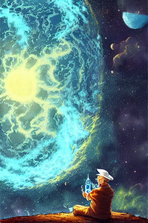 Prompt: terry pratchett looking at earth from space by anato finnstark