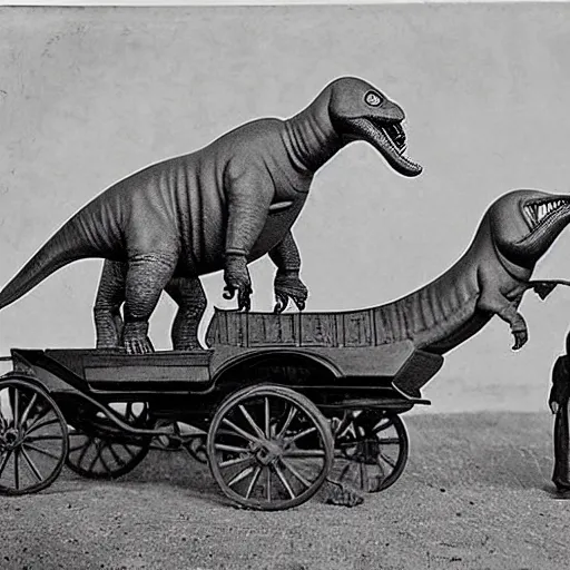 Image similar to dinosaurs driving cars, victorian photo,