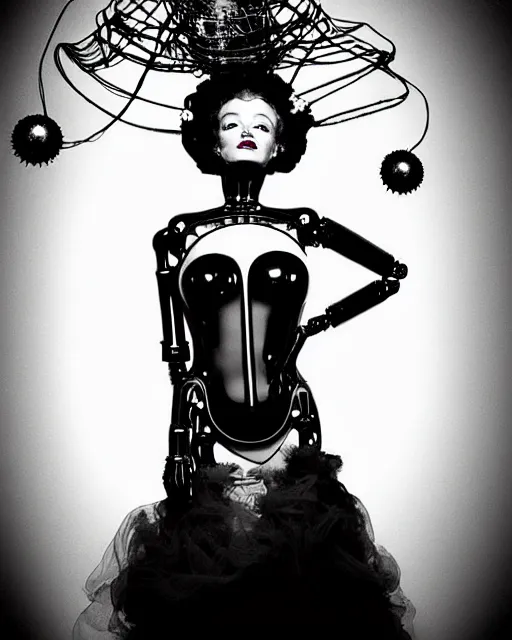 Prompt: dreamy surreal poetic black and white photo of a beautiful young bio-mechanical-female-jellyfish-cyborg-plant-plastic-robot Marilyn Monroe with a very long neck and a super big gothic lace collar and a very high big floral crown with many black dry roses by Vivienne Westwood:: smoke, high fashion, haute couture, rococo, avant-garde, elegant, dreamy, hyper realistic, 150 mm lens, soft rim light, octane render, unreal engine, picture was taken in 1910 by Dora Maar, volumetric lighting, dramatic light,8k,