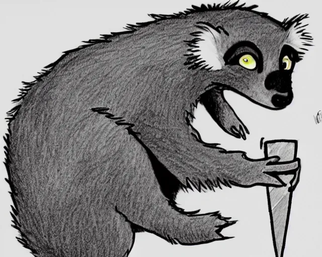 Image similar to a bill waterson drawing of a lemur eating a popsicle