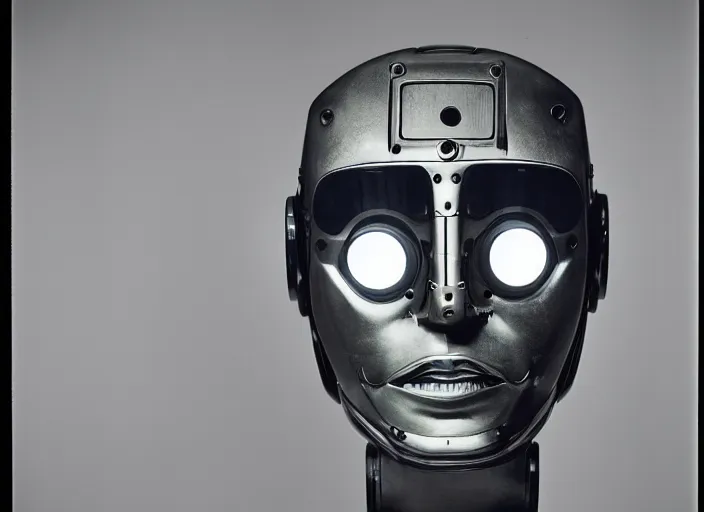 Image similar to a portrait photograph of a robot head designed by Balenciaga, 35mm, pentax, studio