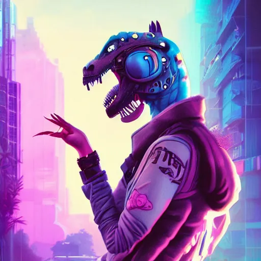 Image similar to Lofi vaporwave cyberpunk portrait dinosaur, Pixar style, Tristan Eaton, Stanley Artgerm, Tom Bagshaw