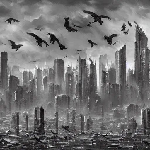 Image similar to A dark painting of a cyberpunk city infested with giant pigeons, trending on deviantart