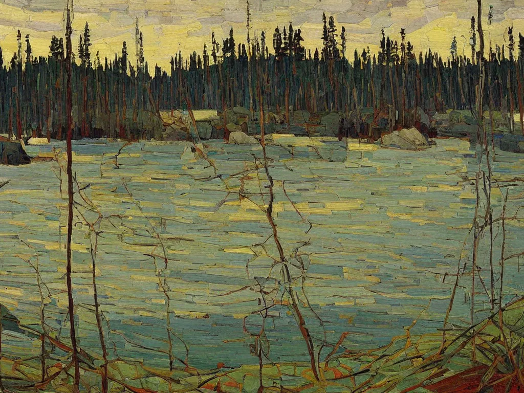 Prompt: a beautiful landscape painting by tom thomson, trending on arstation