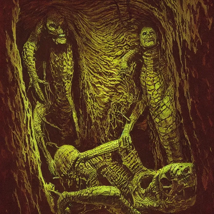 Image similar to close - up view of a reptile mummy emerging from a glowing ancient tomb. pulp sci - fi horror by basil gogos, vincent difate, sanjulian, and emsh. sharp focus. highly detailed illustration. dark background