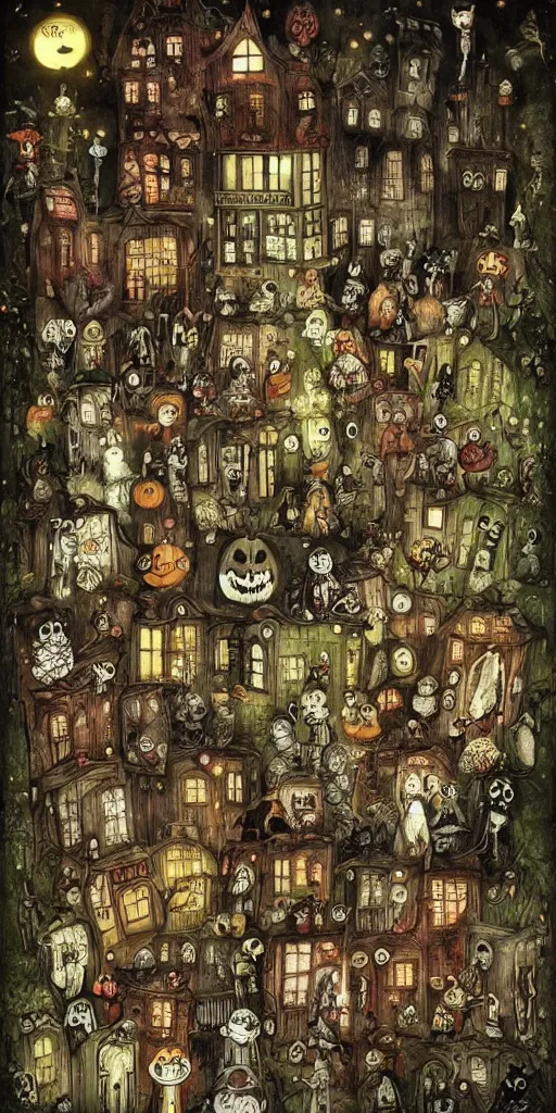 Prompt: a halloween scene by alexander jansson and where's waldo