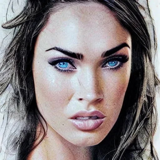 Prompt: megan fox face double exposure effect with beautiful mountain scenery, tattoo design sketch, in the style of matteo pasqualin, amazing detail