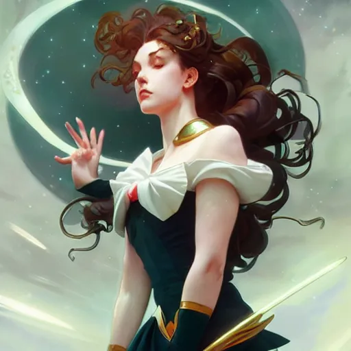 Image similar to Sailor Jupiter, fantasy, intricate, elegant, highly detailed, digital painting, artstation, concept art, matte, sharp focus, illustration, art by Artgerm and Greg Rutkowski and Alphonse Mucha