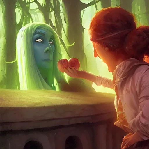 Image similar to a girl accepting an apple from a green skinned witch, by Jordan Grimmer and greg rutkowski, crisp lines and color,