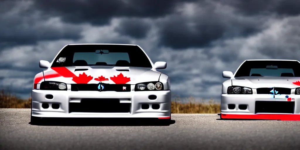 Image similar to nissan skyline r34 with Canadian flag reflection, photography, realistic