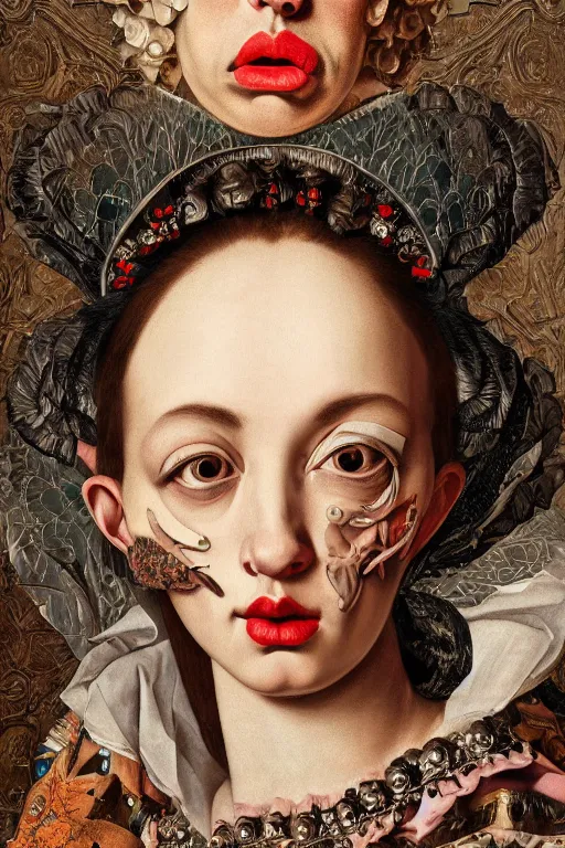 Prompt: Detailed maximalist portrait with large lips and with large eyes. HD mixed media, 3D collage, highly detailed and intricate illustration in the style of Caravaggio, dark art, baroque