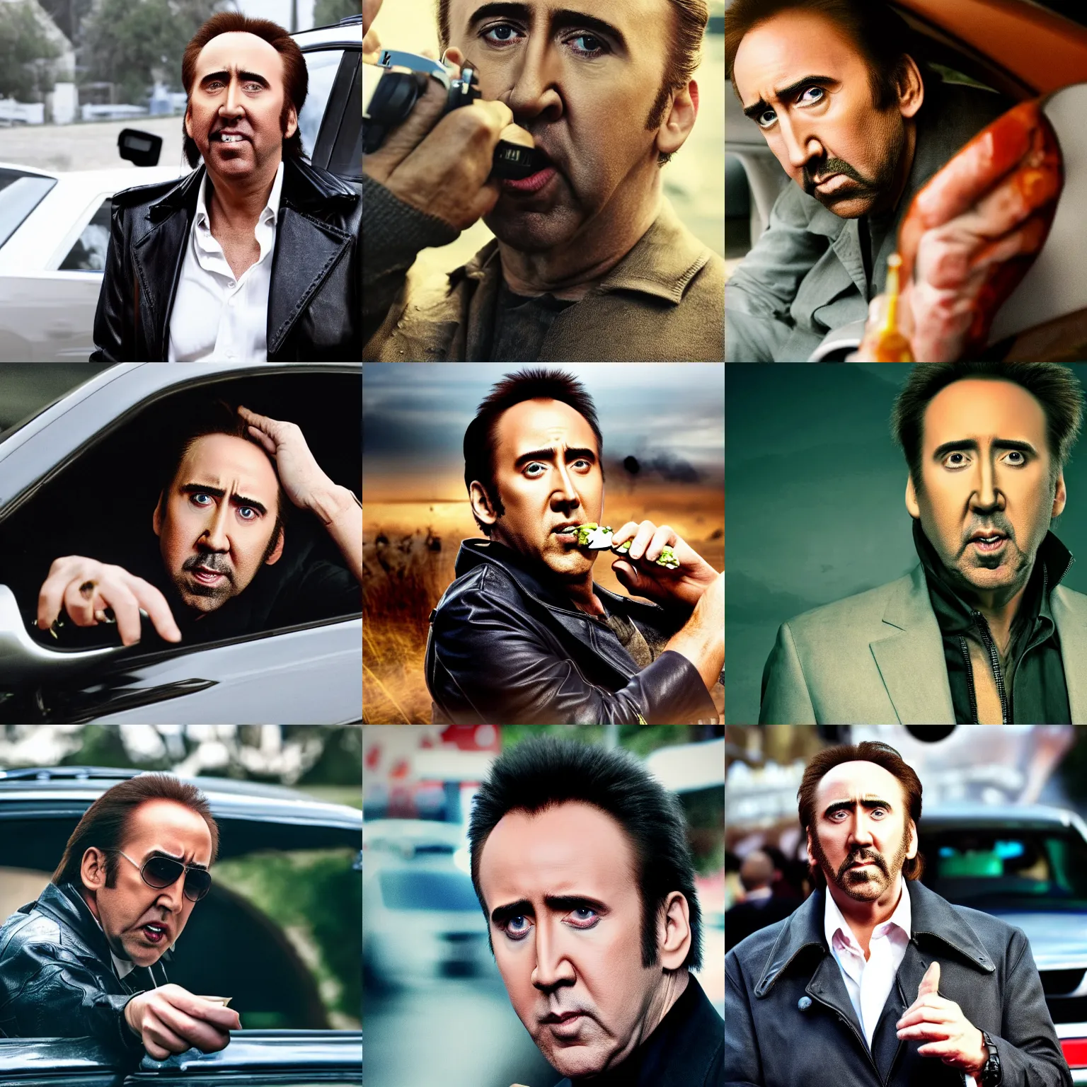 Prompt: nicolas cage eating car, photography 4 k