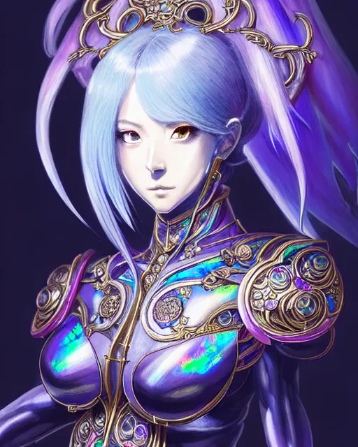 Image similar to anime portrait of an iridescent opal cyborg kunoichi, intricate ornate details, fantasy, elegant, highly detailed, digital painting, artstation, concept art, smooth, sharp focus, illustration, artbook, splash art, promo art, soul calibur, league of legends, art by artgerm and greg rutkowski and bo chen and jin xiaodi