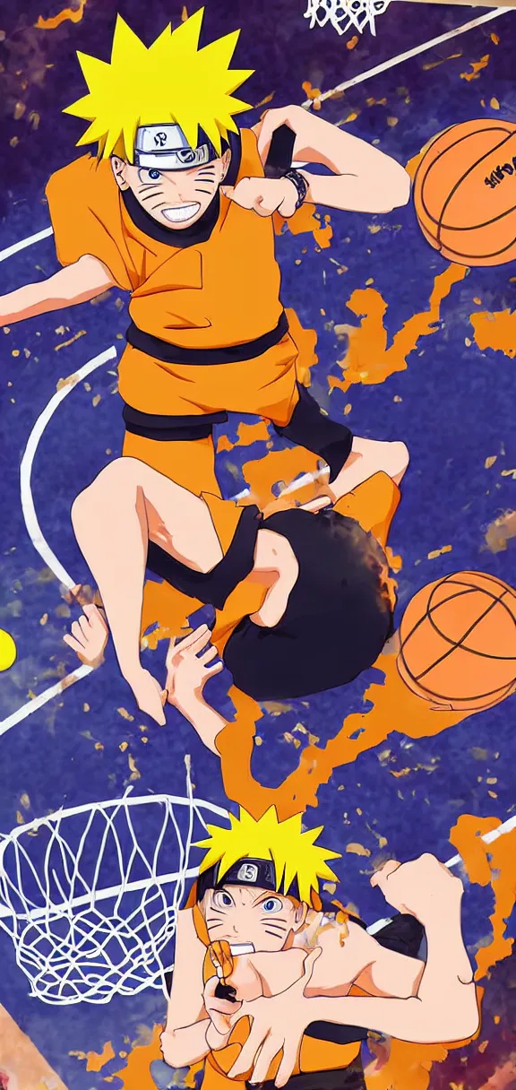 Prompt: naruto dunking a basketball while eating ramen on a basketball court, anime art
