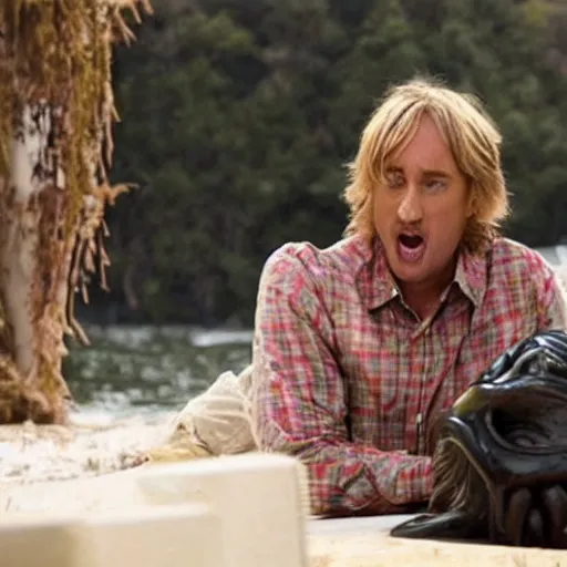 Prompt: still from a romantic comedy starring Owen Wilson and Cthulhu, eldritch god of insanity