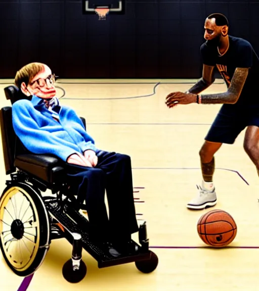 Image similar to stephen hawking playing basketball with lebron james