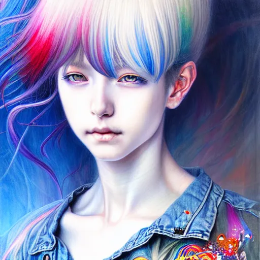 Image similar to a portrait of girl with rainbow hair white shirt, denim shorts, an ultrafine detailed painting by ayami kojima, cgsociety, fantasy, anime digital art, lovecraftian, cosmic horror, detailed painting