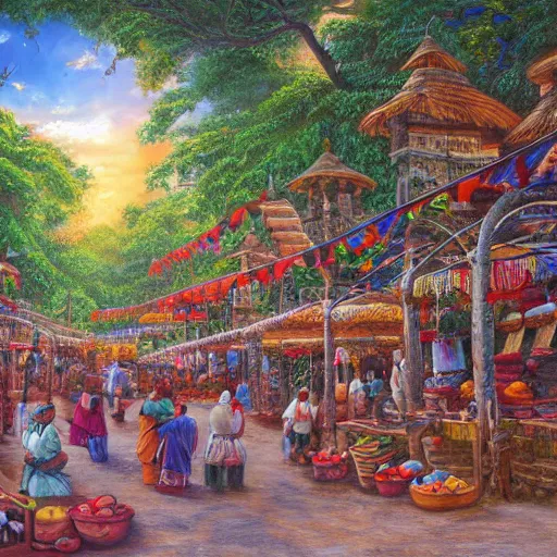 Image similar to enchanted painting of a bustling marketplace in a mayan city in the jungles of honduras, realistic, panoramic, 4 k