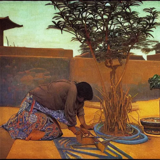 Image similar to Old African gardener cutting bonsai trees, isyllic Garden, by Annie Swynnerton and Nicholas Roerich and jean delville, glowing paper lanterns, strong dramatic cinematic lighting , ornate tiled architecture, lost civilizations, smooth, sharp focus, extremely detailed