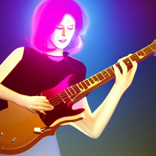 Image similar to women playing guitar, televisions, artstation, details, volumetric light, futuristic, pastel