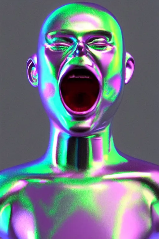 Image similar to 3d render of holographic angry human robotic screaming angry bust made of glossy iridescent, screaming, bust, surrealistic 3d illustration of a human non-binary, non binary model, 3d model human, cryengine, made of holographic texture, holographic material, holographic rainbow, concept of cyborg and artificial intelligence