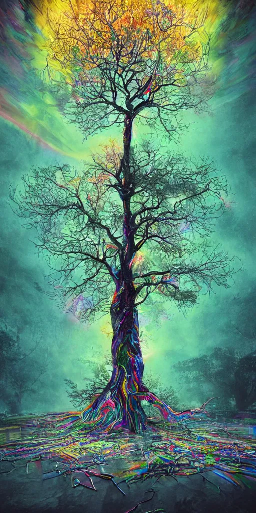 Image similar to impossibly beautiful tree of sacred knowledge, bad trip, insane smile, intricate complexity, surreal horror, inverted neon rainbow drip paint, trending on art station, photoreal, 8 k, octane render by greg rutkowski, and salvador dali