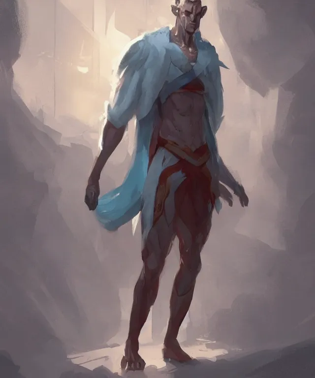 Image similar to a calm young adult male muscular slim blue elf with gey light clothes character design by greg rutkowski