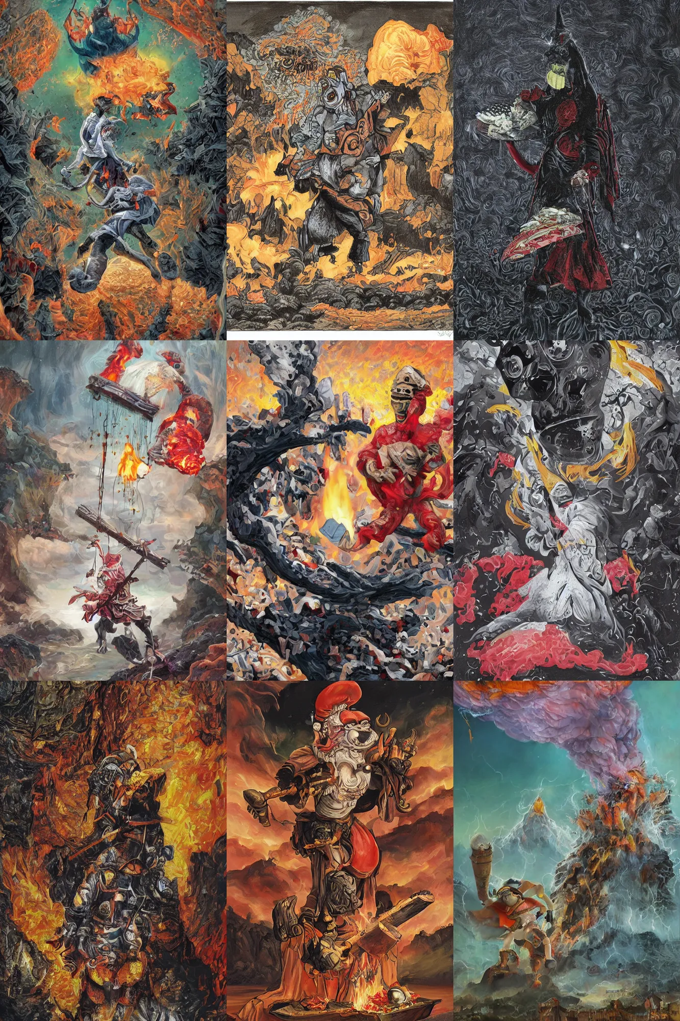 Image similar to an extremely detailed pulcinella like character wearing a mask holding a large pizza in front of a volcano spewing lava and black smoke, from below, streams of glowing hot lava, flashes of lightning in the distance, wide shot, long shot, an ultrafine detailed painting by joe fenton, deviantart, pop surrealism, whimsical