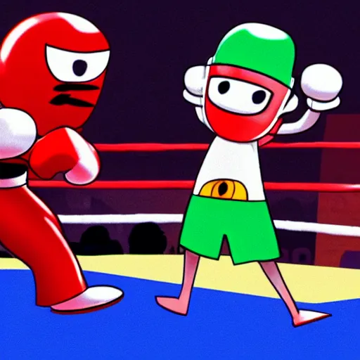 Image similar to homestarrunner in a boxing match with strong bad, strong mad and the cheat on the sidelines cheering them on