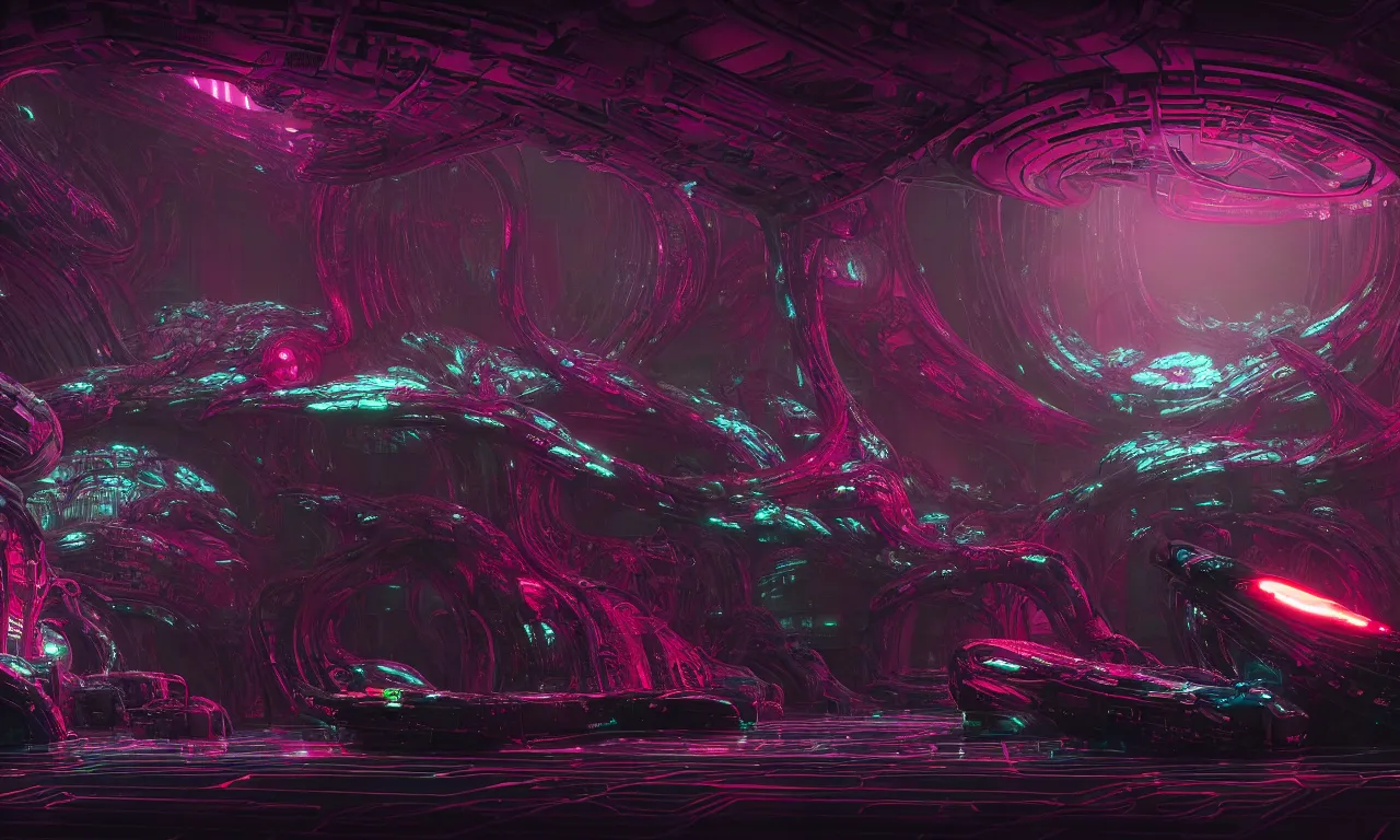 Prompt: Prometheus biological sci-fi environment set, glowing neon ship control panel, in a nightmarish universe of odd forms and somber tapestry, HR Giger and Vincent Di Fate, vivid color scheme, featured in artstation, octane render, cinematic, elegant, intricate, 8k