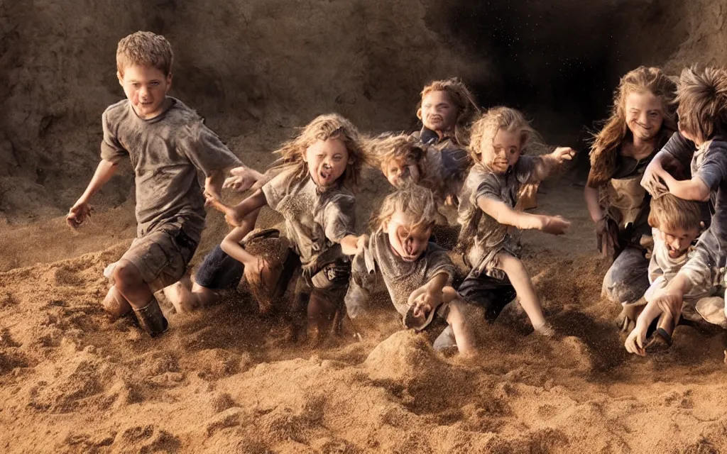 Prompt: wolfs and kids playing in the sandbox photo screen form michael bay film