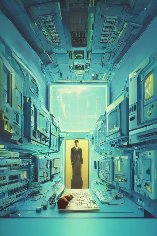 Prompt: Digital concept art, very highly detailed Haker that haking, siting inside the giant very highly detailed computer, by Beeple very highly Detailed by Guy Bourdin and Reka Nyari,on Pentax 67, Kodak Portra 400, soft Cyan Gold light, The Golden Ratio from the distance