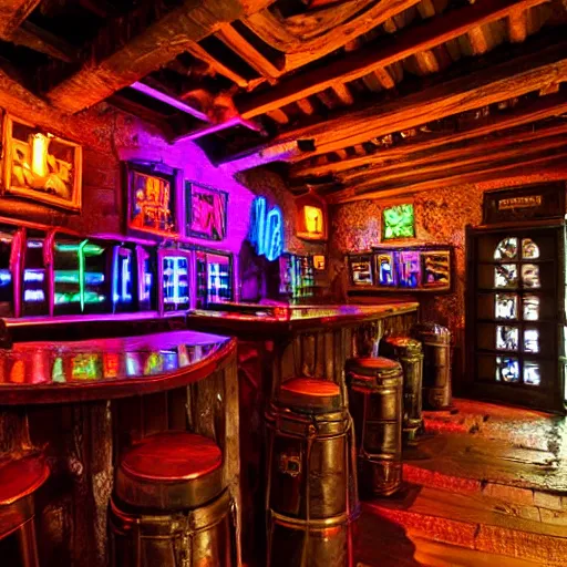 Image similar to a bar with medieval style interior, but covered in neon lights everywhere. walls are covered with arms and coats of teuntonic order, everything shines with rgb lights. ancient cabin with cyberpunk features. walls have medieval european weapons, relics flashing with purple light, hardwood tables in style of old 1 4 th century tavern. teutonic flags eveywhere.