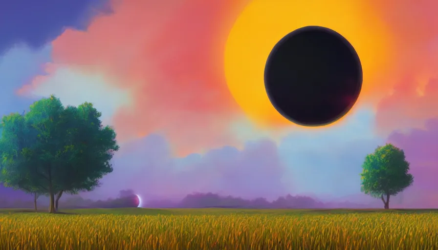 Prompt: solar eclipse in the colourful sky, wheat field, radio telescope, big trees, matte painting, art station, digital art, simon stalenhag