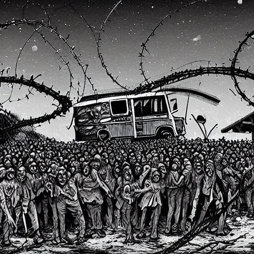 Prompt: A photo of hundreds of ravenous zombies attacking a recreational vehicle that has been shoddily reinforced with metal plates and barbed wire. It's night, under bright moonlight.