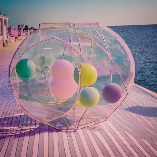 Image similar to a pastel colour high fidelity wide angle Polaroid art photo from a holiday album at a seaside with abstract inflatable parachute furniture, spheres and a sculpture, all objects made of transparent iridescent Perspex and metallic silver, a grid of sun beds iridescence, nostalgic